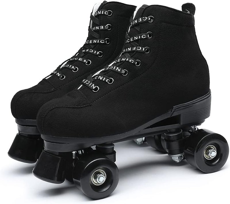 Exgingle Black Roller Skates Outdoor Suede Quad Skates Footwear for Women and Men - Image 1